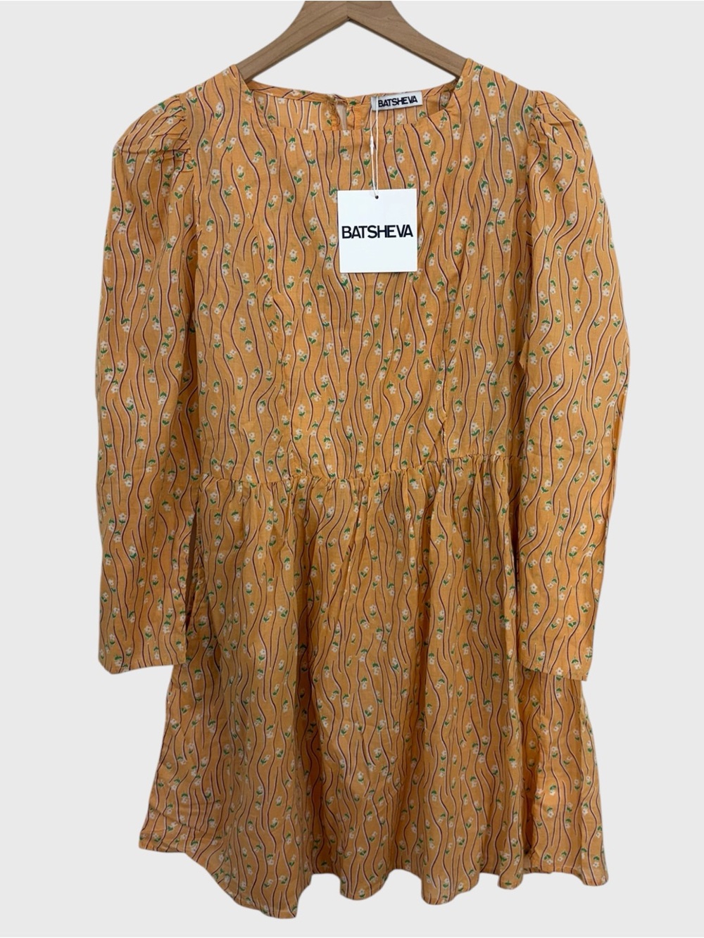 Batsheva NEW with Tags Peach Ditsy Floral Long Sleeve Prairie Mini Dress Size 10